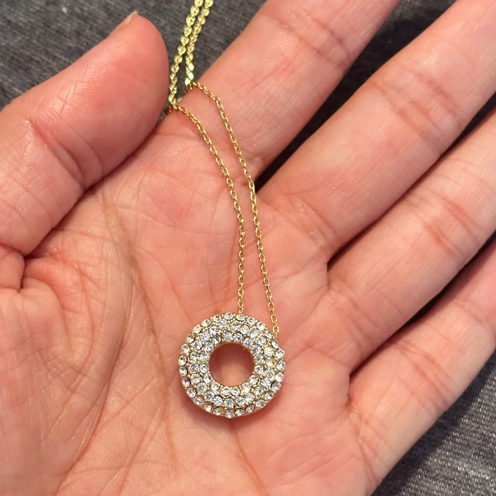 Rhinestone Circle/Donut Attached Pendant & Gold Chain Necklace, 16-20” Length - Picture 3 of 6